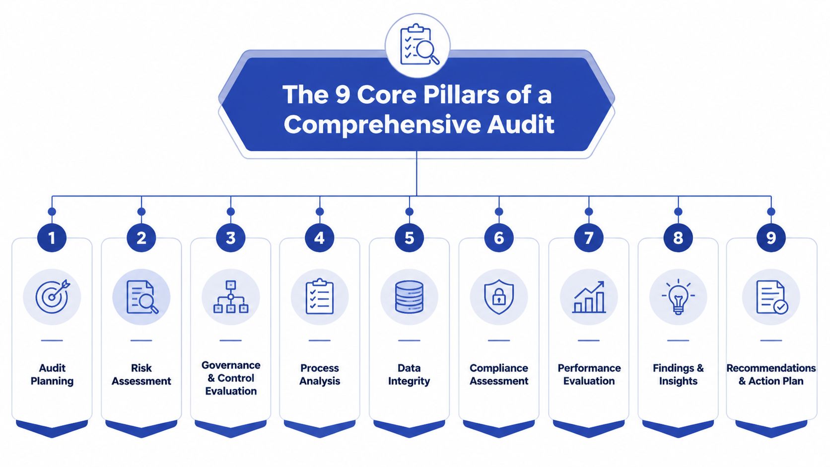 A diagram outlining the nine core pillars of a comprehensive business or technical audit process.