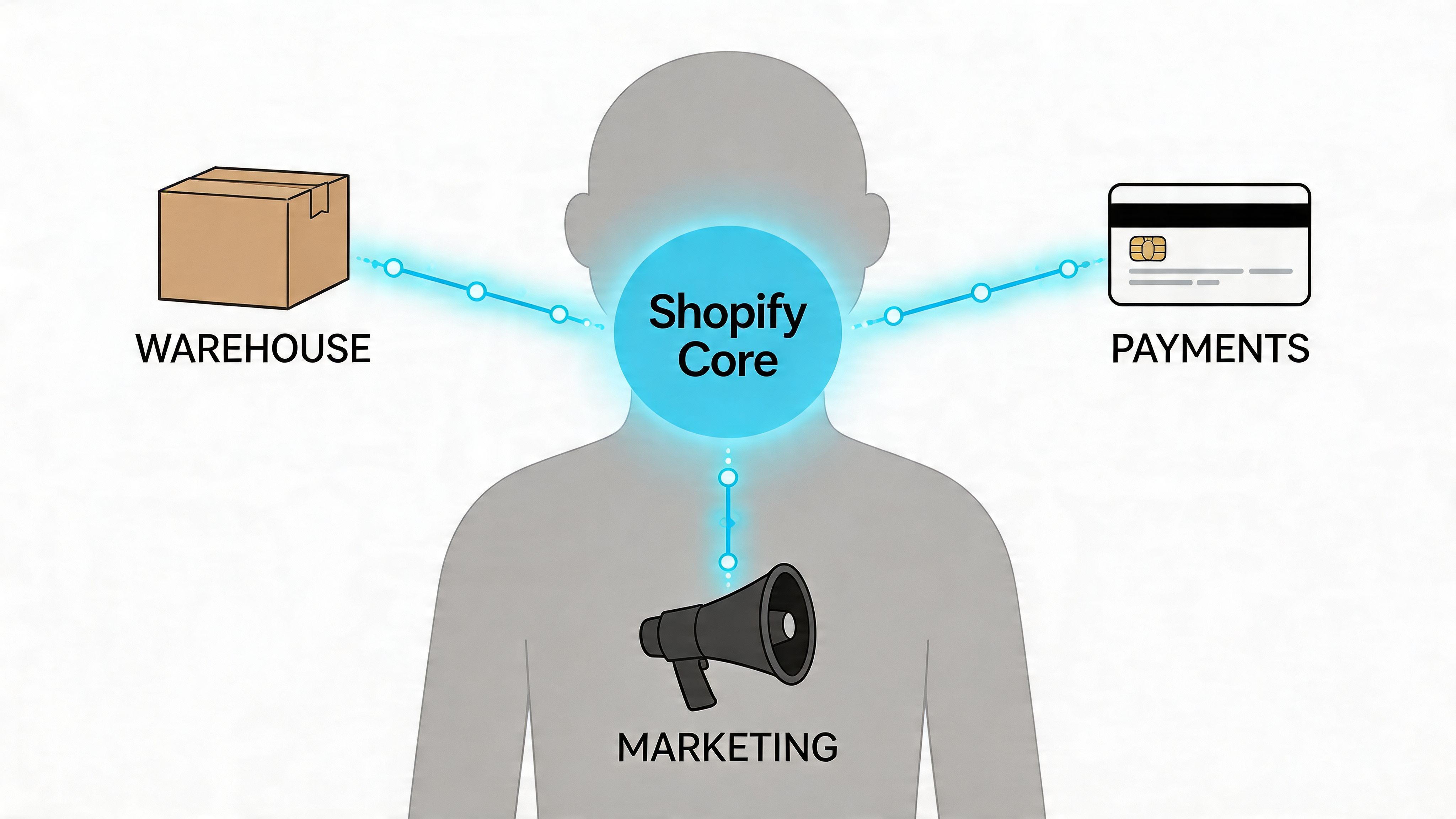 A diagram illustrating Shopify Core connected to Warehouse, Payments, and Marketing icons to represent business integrations.