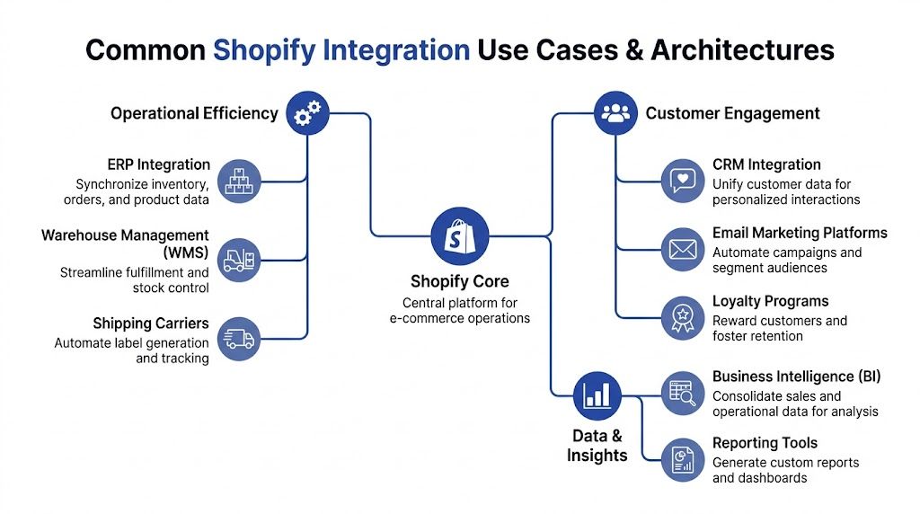 A diagram illustrating common Shopify third-party integration use cases and architectures across operations, engagement, and analytics.
