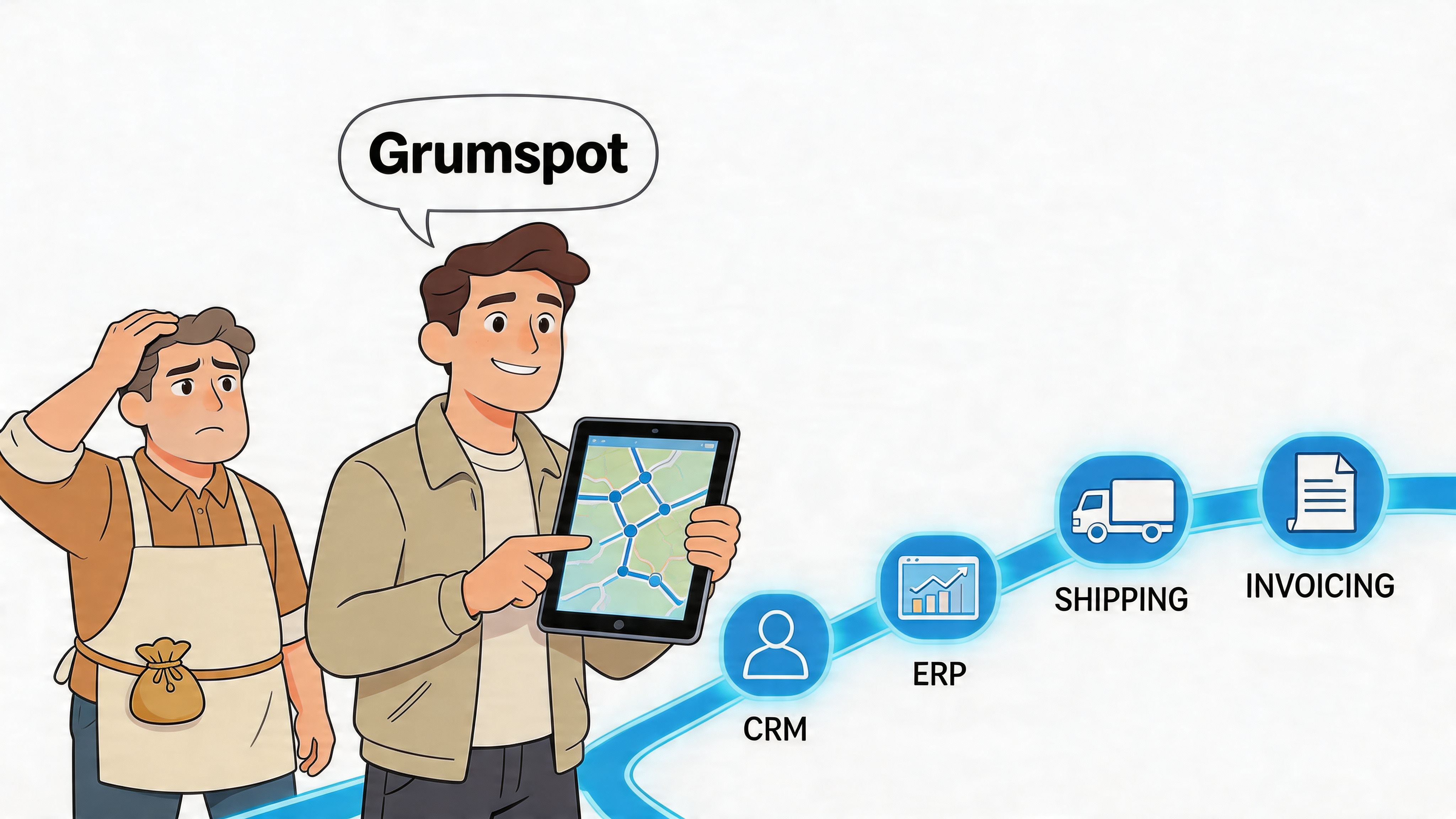 A businessman explaining logistics solutions to a shopkeeper using a digital tablet for third-party integration services.