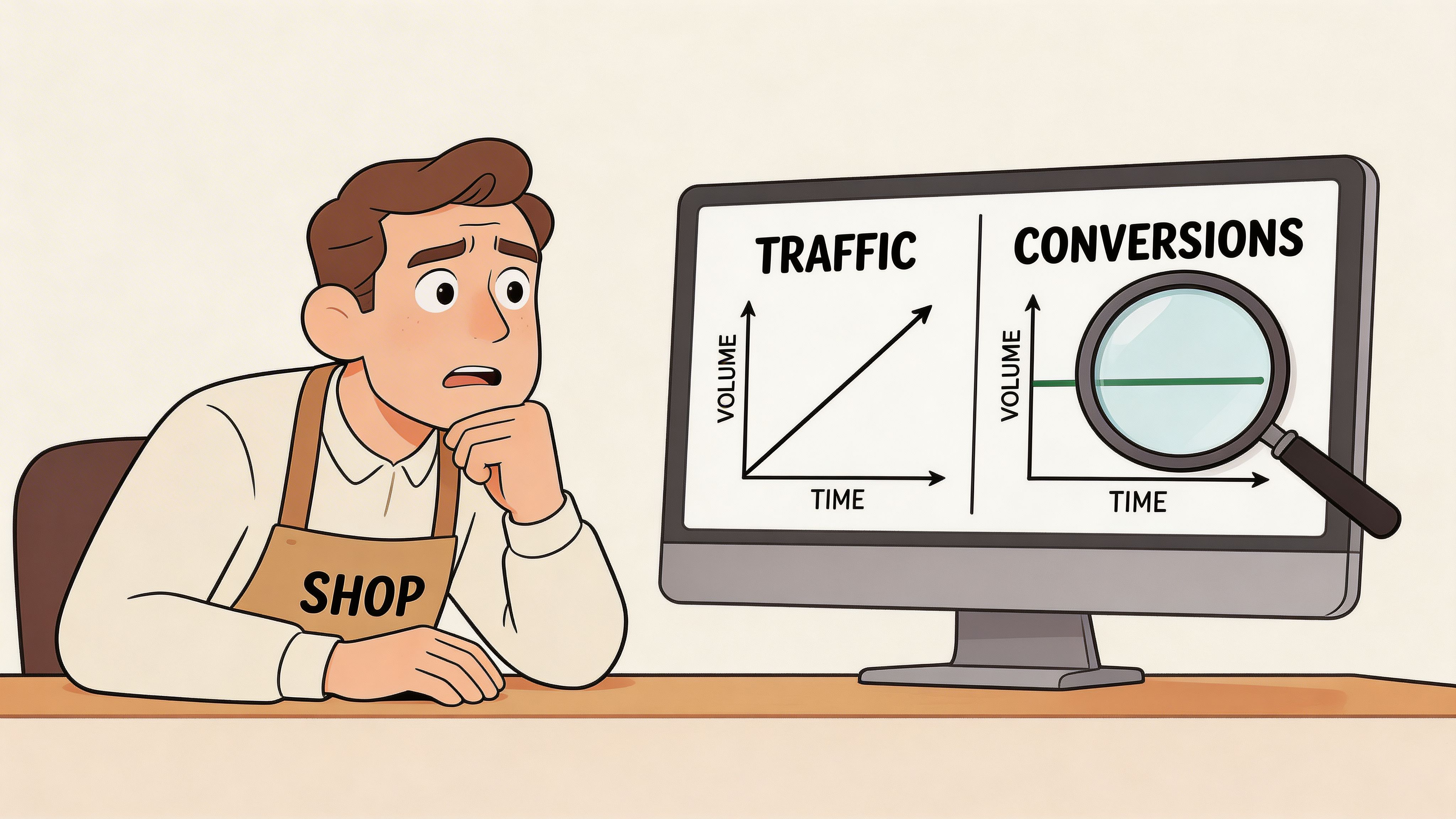 A concerned shop owner looking at computer screens showing increasing traffic but stagnant conversion rates.