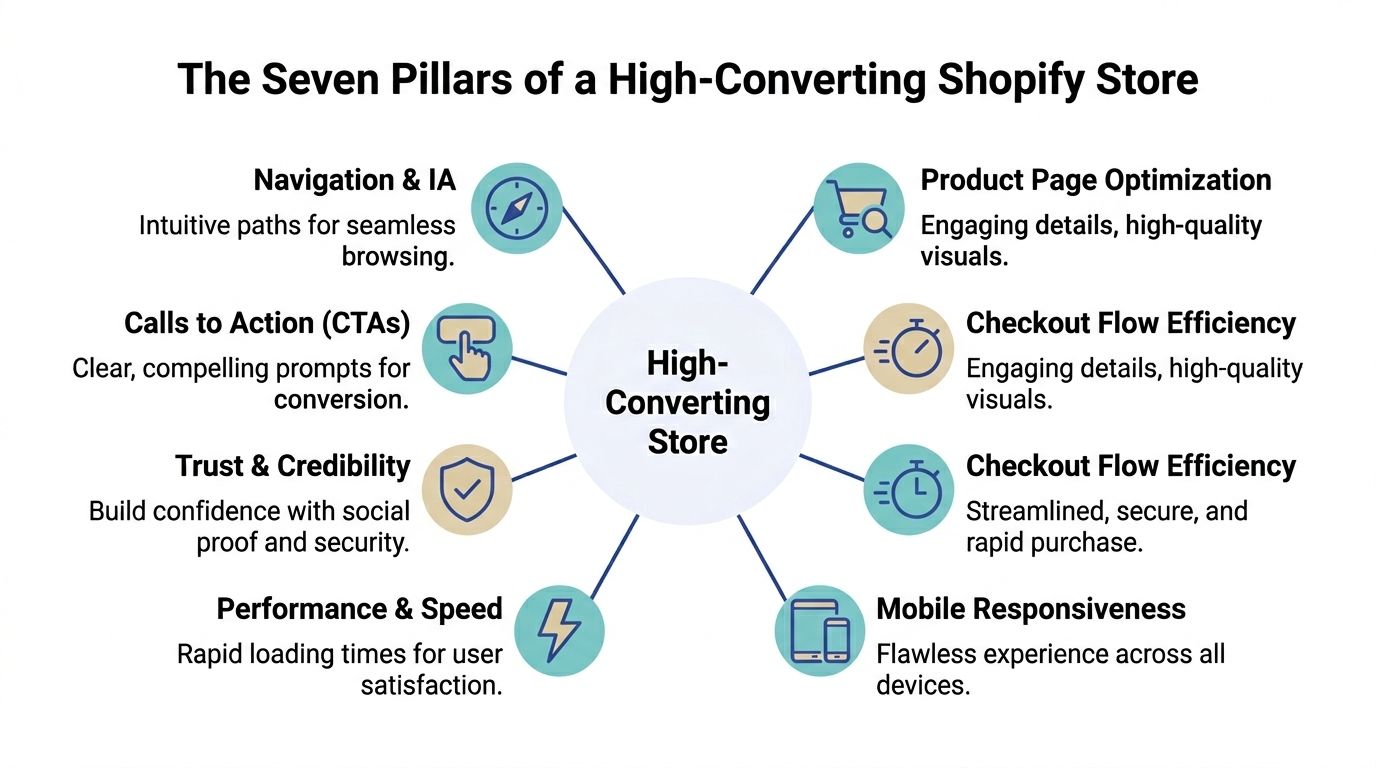 A diagram outlining the seven essential pillars of a high-converting Shopify store for improved user experience.