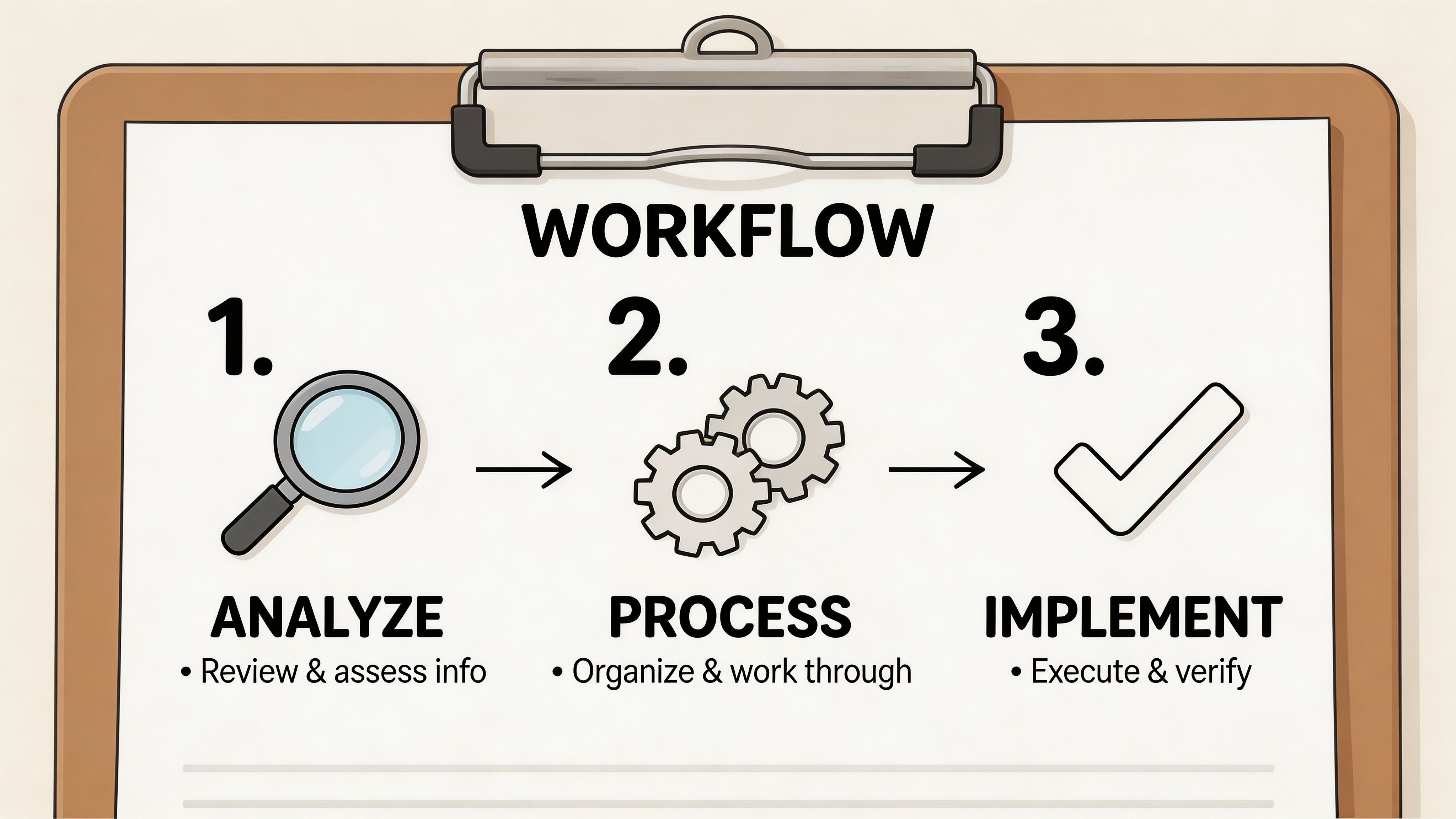 A visual workflow diagram on a clipboard showing the three steps: Analyze, Process, and Implement.