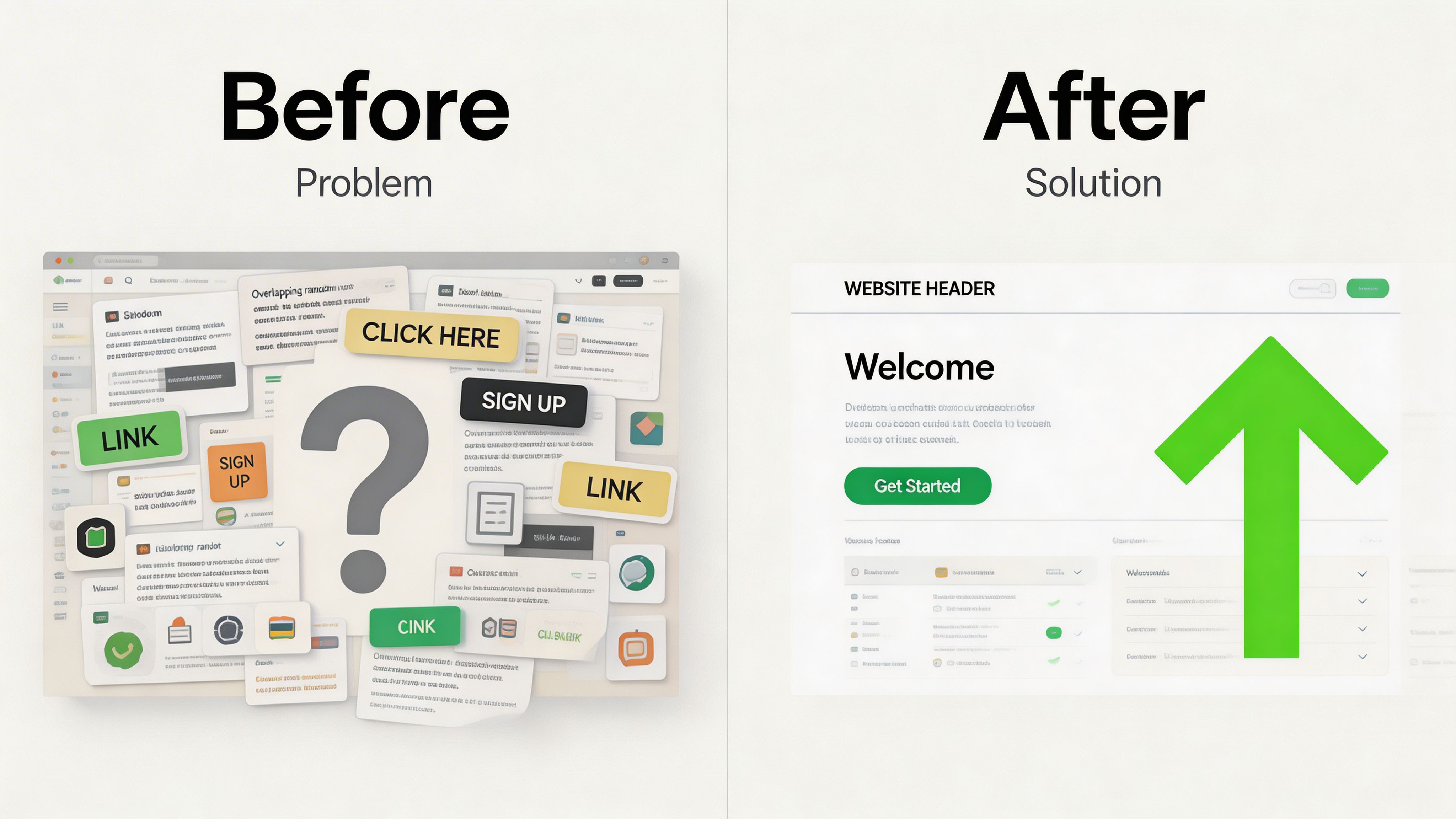 A comparison image showing cluttered website design versus a clean, organized user interface with clear layout.