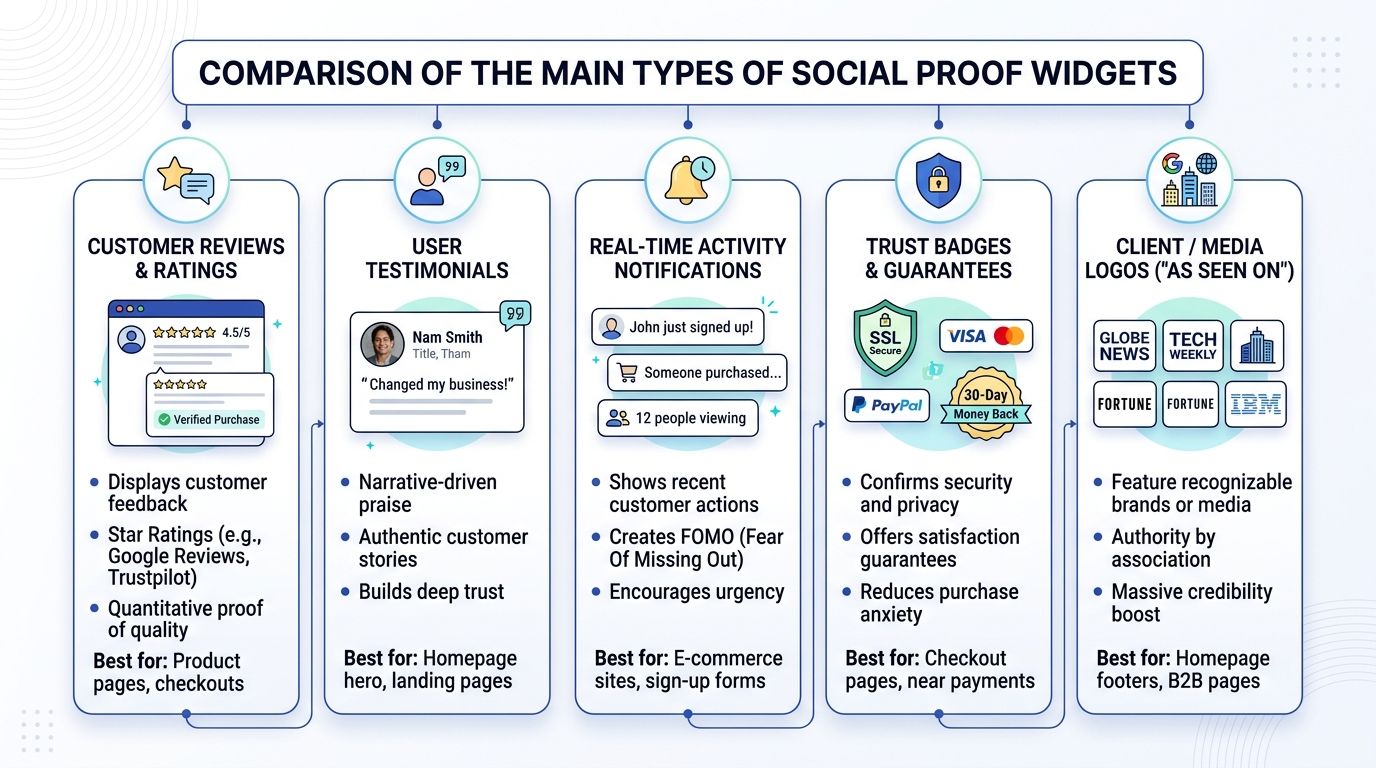 A comprehensive infographic comparing five types of social proof widgets used to build website trust and credibility.