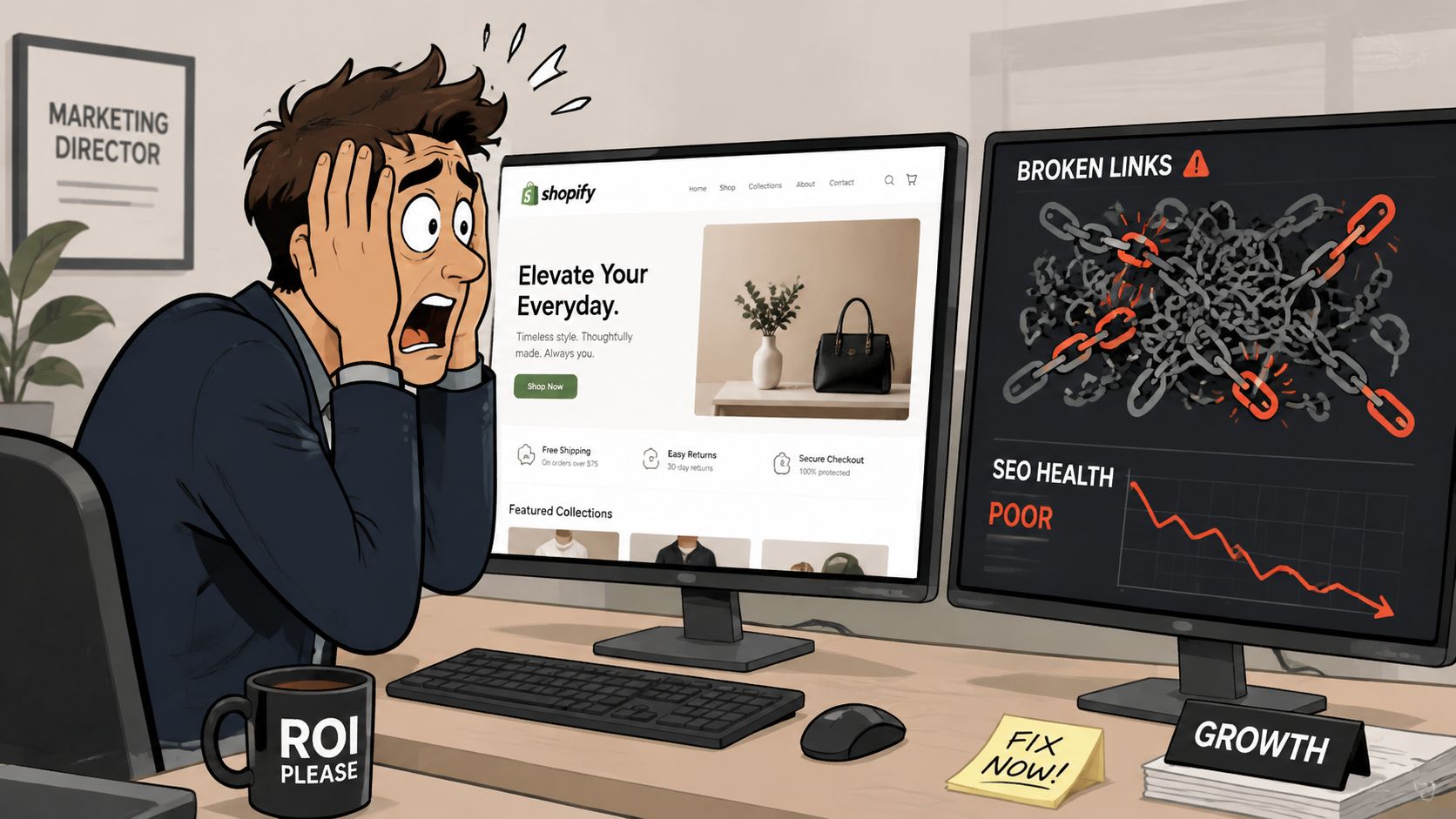 Stressed marketing director looking at screens displaying broken website links and declining SEO performance metrics.