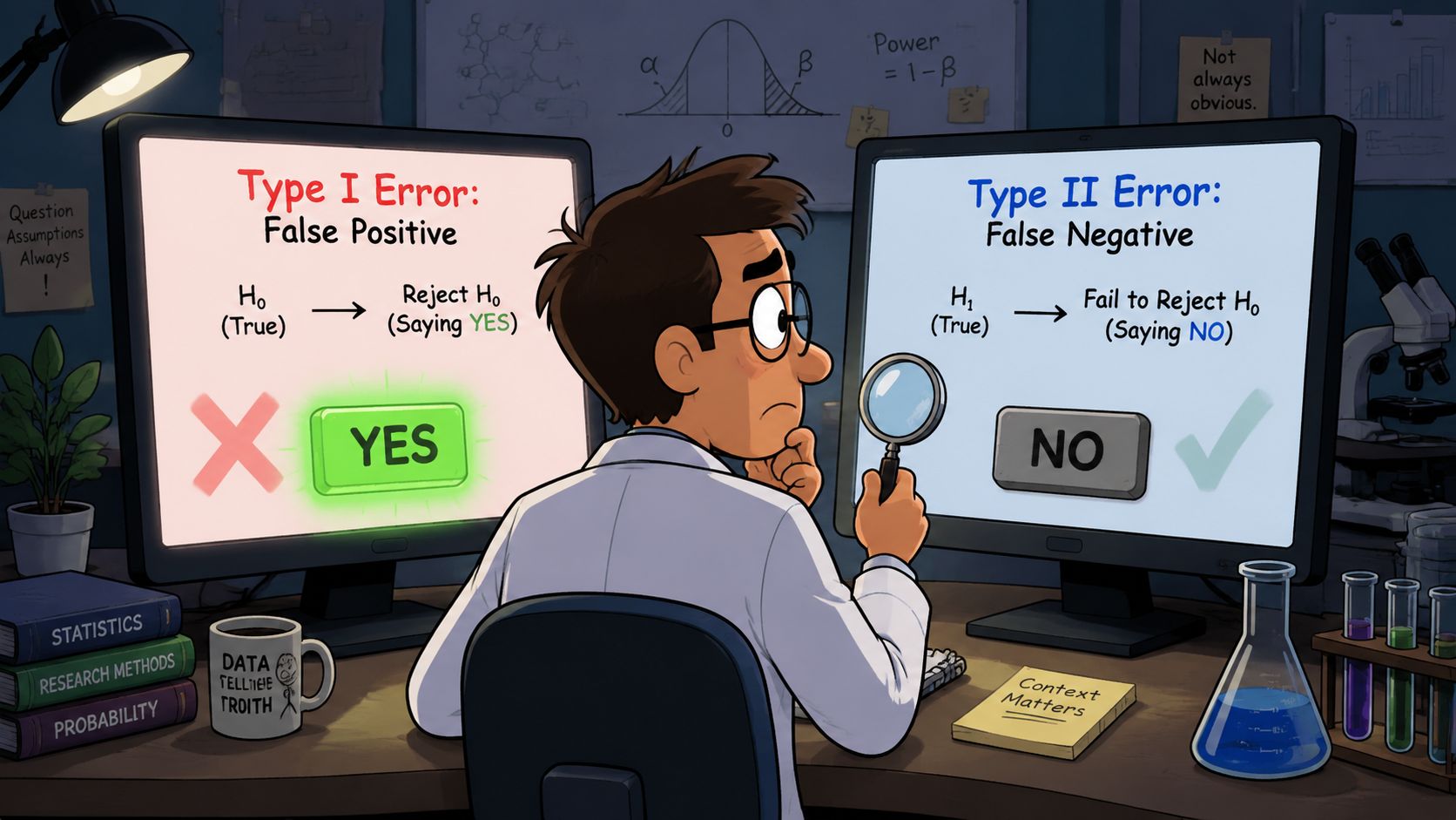 A scientist sitting at a desk with two computer screens illustrating Type I and Type II errors.