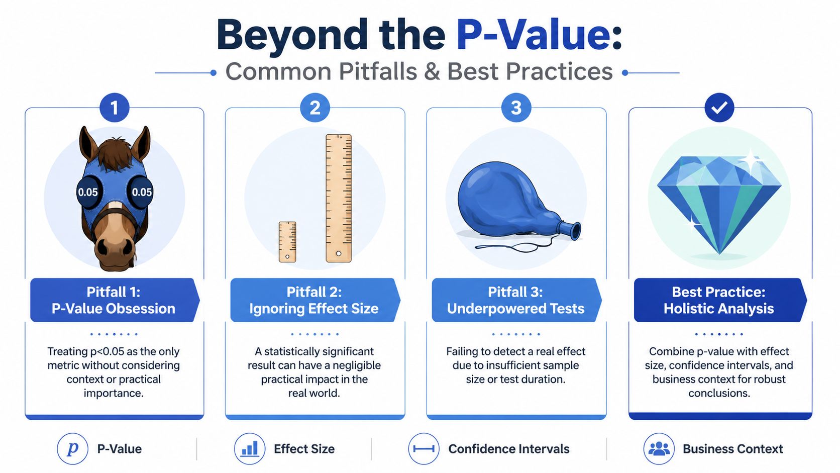 An infographic titled Beyond the P-Value explaining common statistical pitfalls and best practices for data analysis.