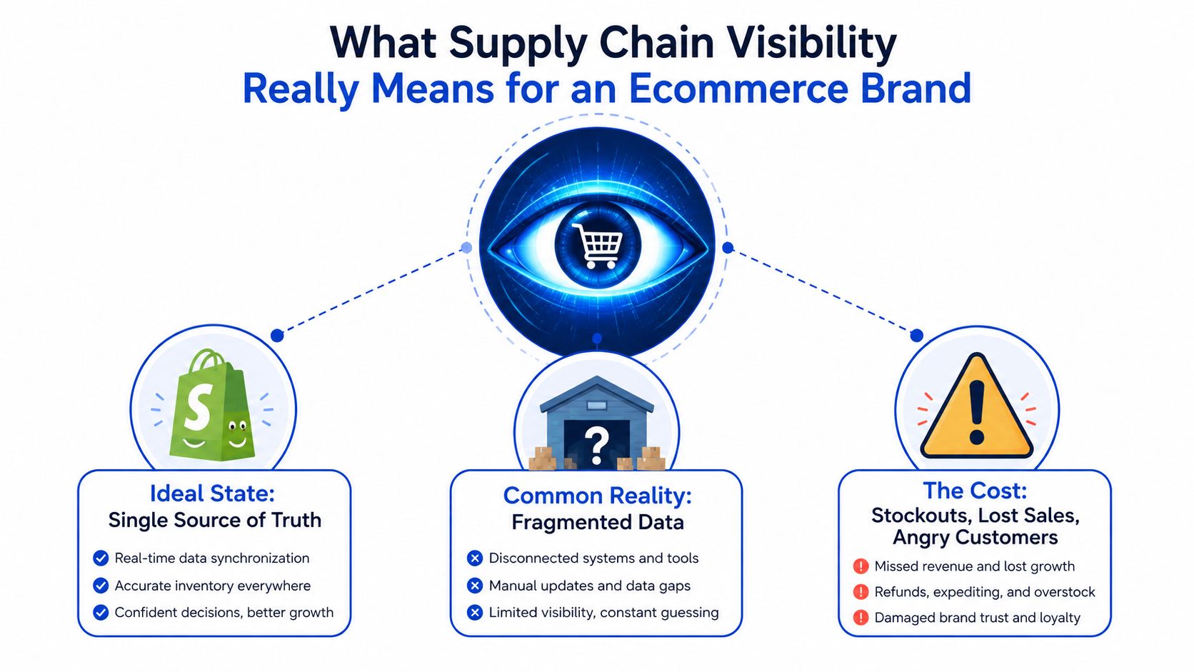 A diagram comparing ideal supply chain visibility against the negative costs of fragmented data for ecommerce businesses.