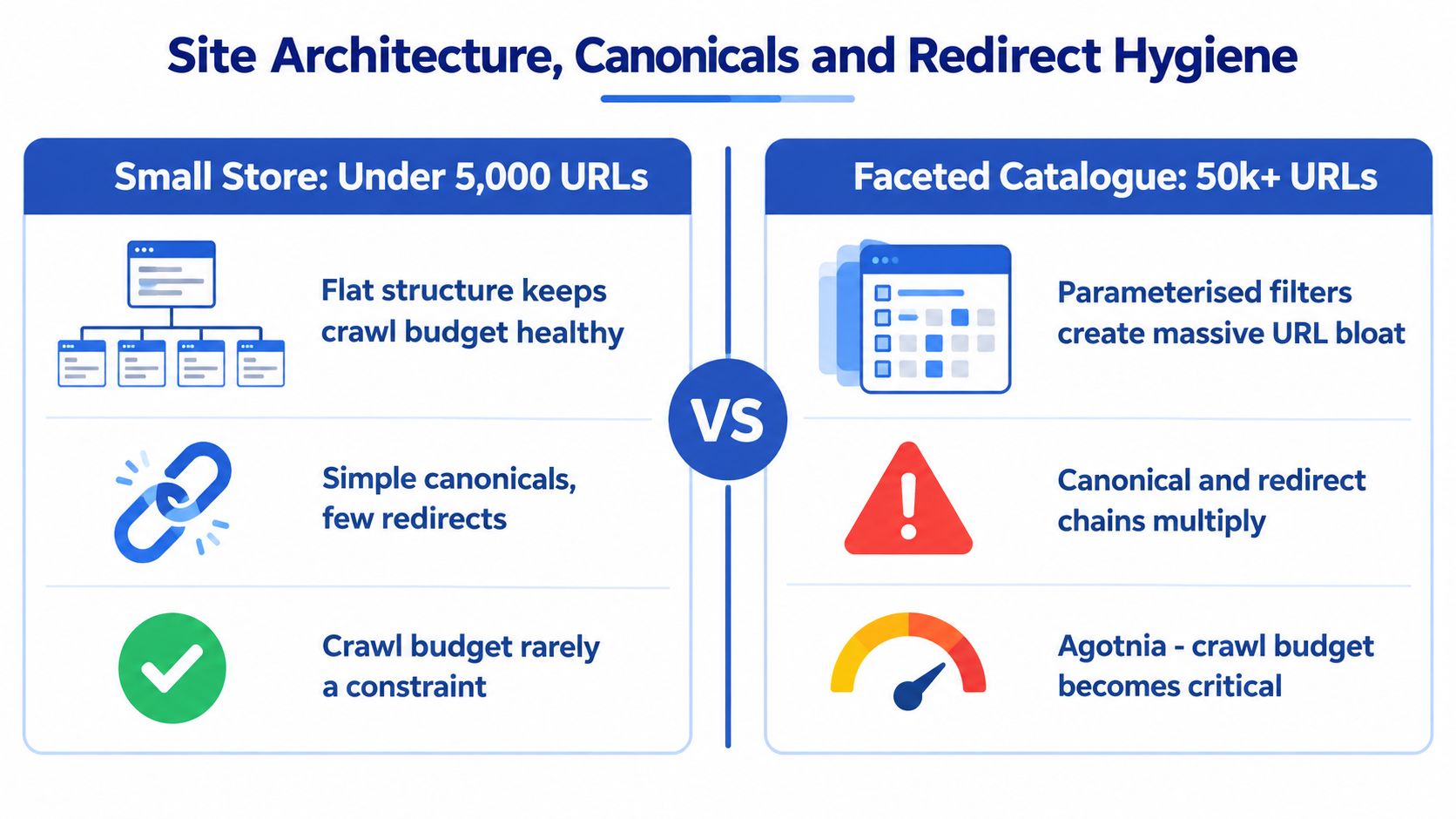 A comparison chart showing how site architecture, canonicals, and redirects differ between small websites and large faceted stores.