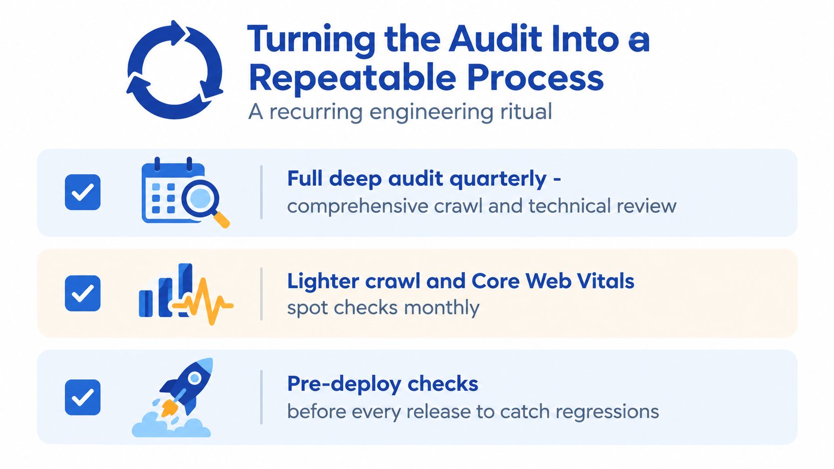 A visual guide illustrating a repeatable technical SEO site audit process with quarterly, monthly, and pre-deploy stages.