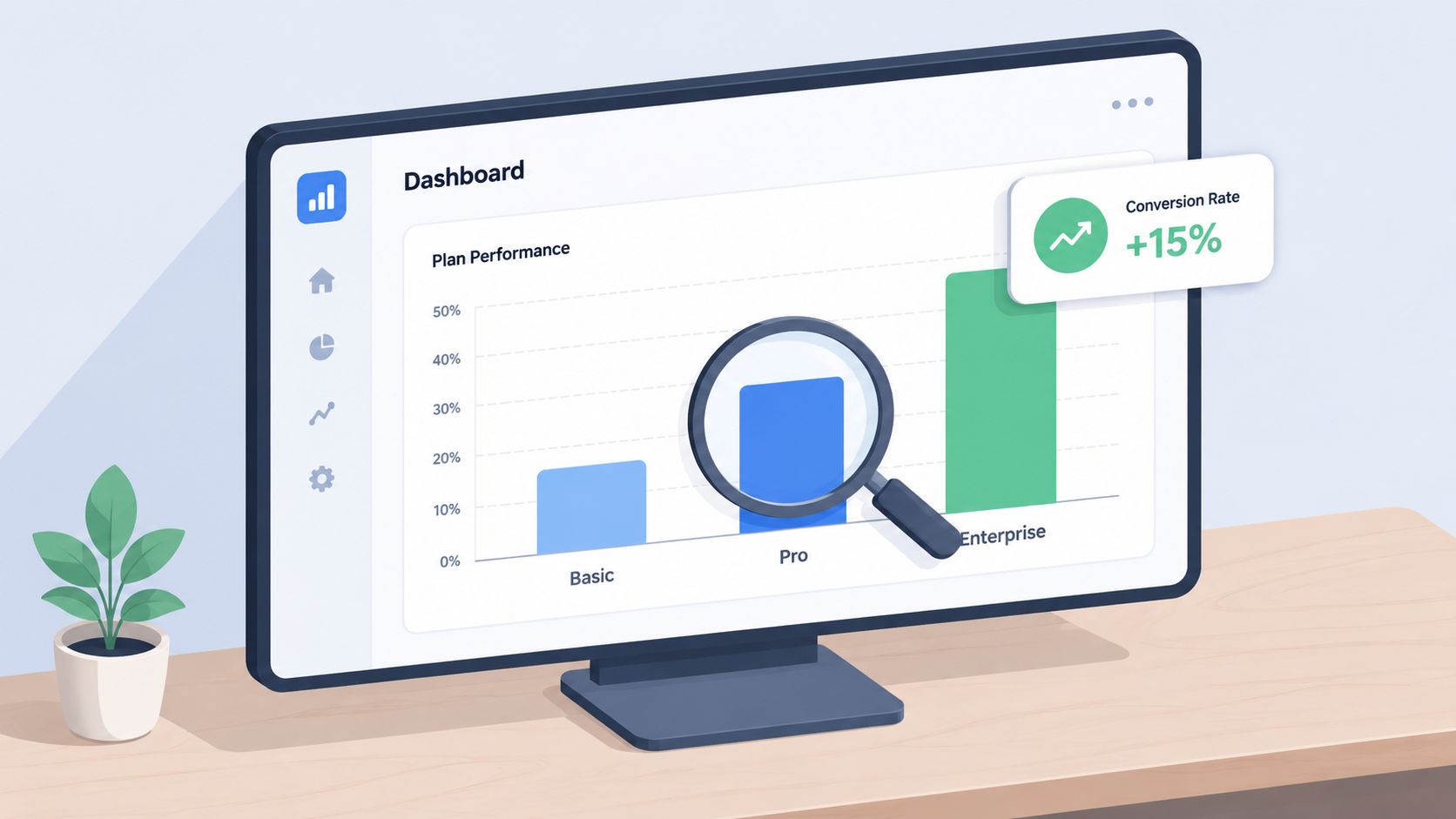 A 3D digital illustration of a computer monitor displaying a bar chart comparing tiered pricing model performance.