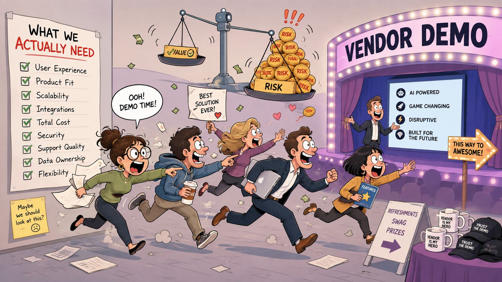 A cartoon depicting a team ignoring their list of essential vendor requirements to chase a flashy vendor demo.