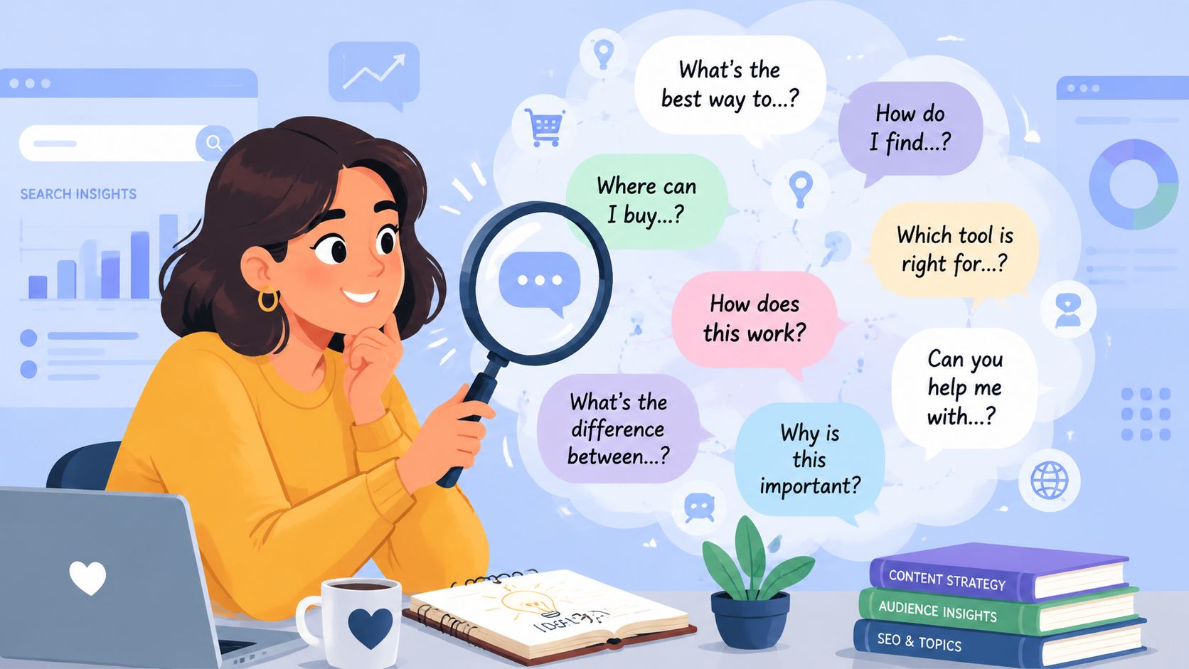 A woman using a magnifying glass to explore various common voice search queries and questions.