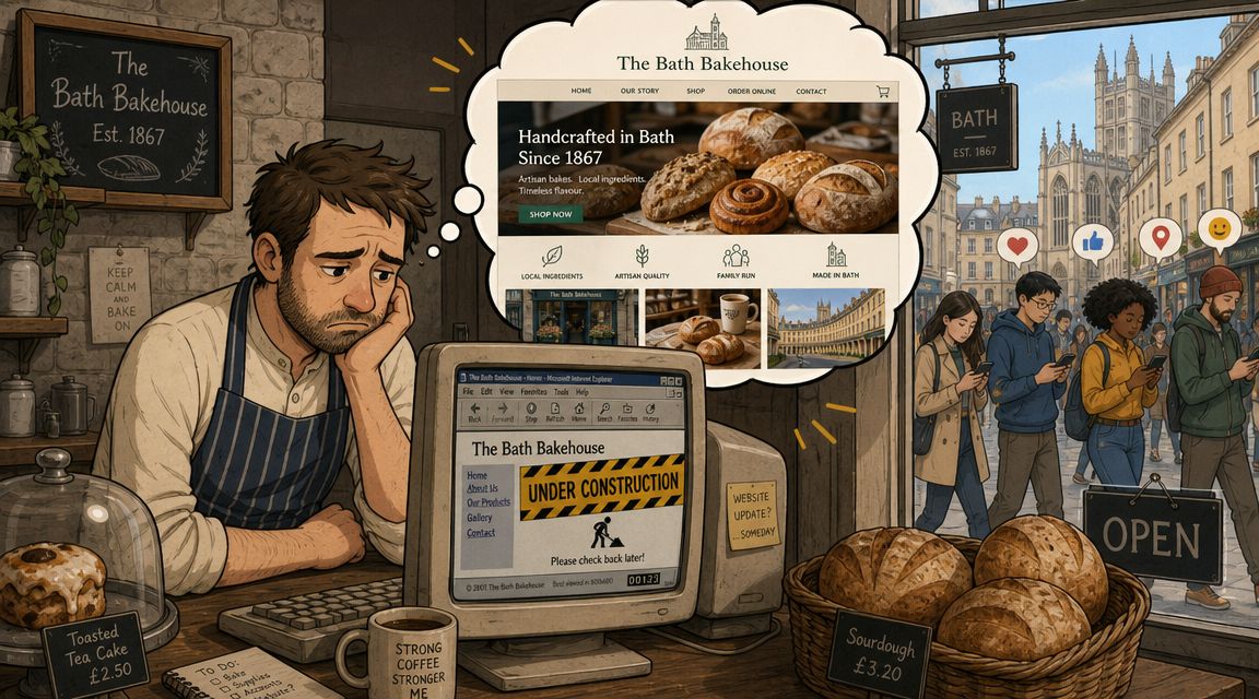 A tired baker looking at an outdated computer screen while dreaming of a modern bakery website.