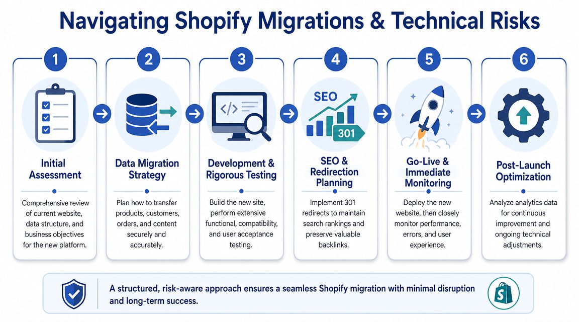 A six-step infographic illustrating a structured, risk-aware process for successfully migrating an e-commerce website to Shopify.