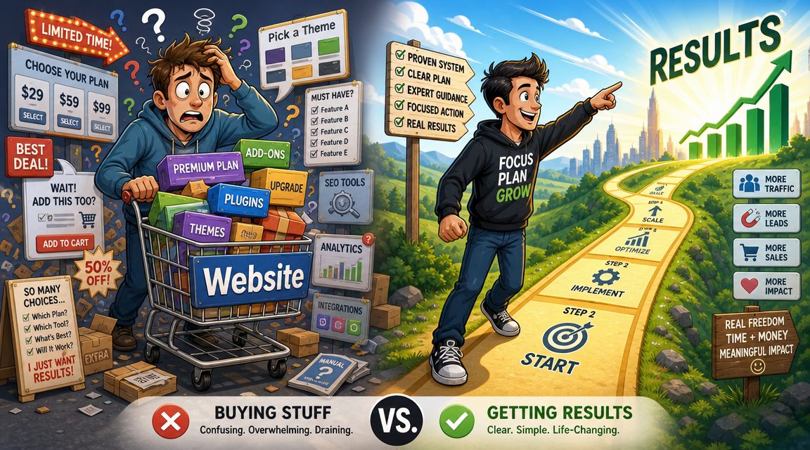 A comparison showing the confusion of buying many website tools versus following a clear, results-oriented success path.