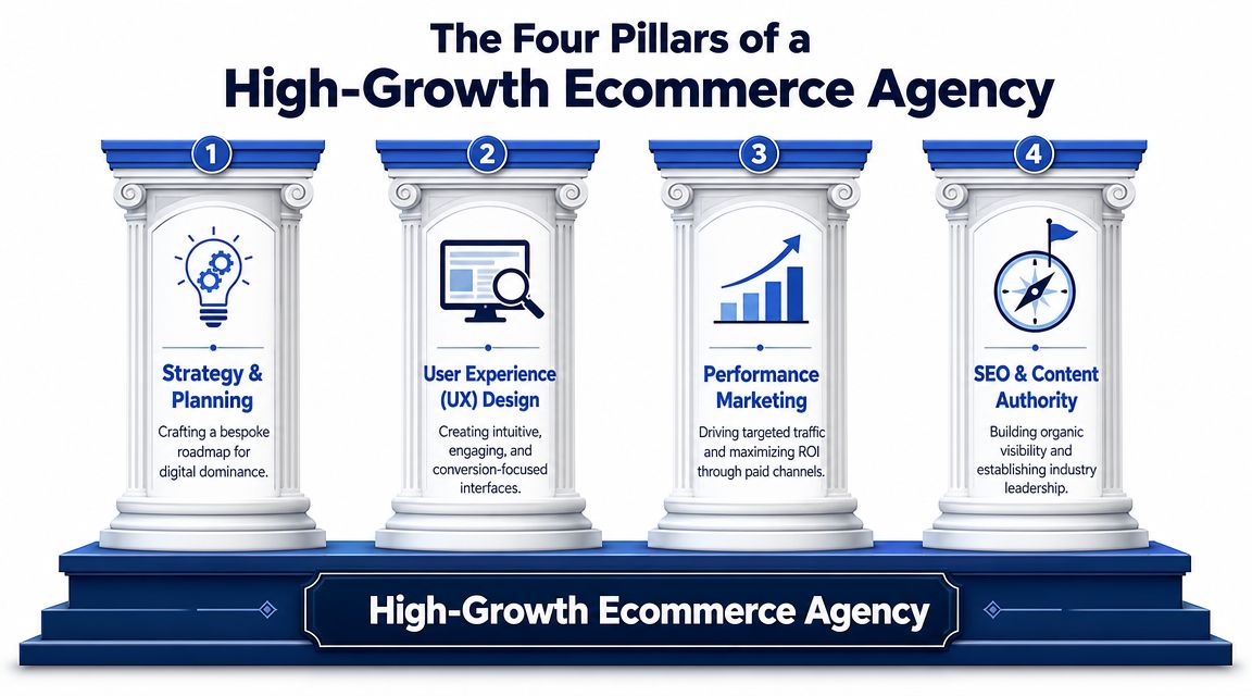 A diagram illustrating the four essential pillars of a high-growth ecommerce agency, including strategy, UX, marketing, and SEO.