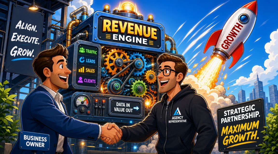 A business owner and agency representative shaking hands in front of a revenue engine machine with a rocket.