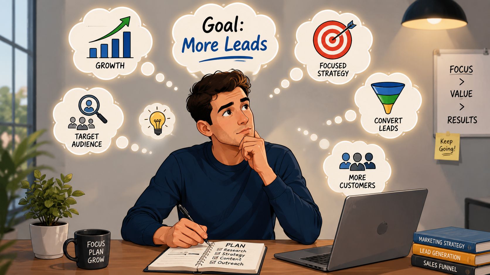 A young man sitting at a desk thinking about lead generation strategies for business growth.