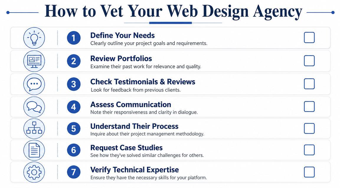A checklist infographic titled How to Vet Your Web Design Agency with seven steps for selection.