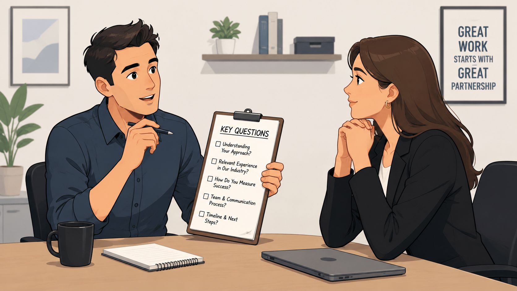 A professional man holding a clipboard with key questions for a business meeting with a woman.