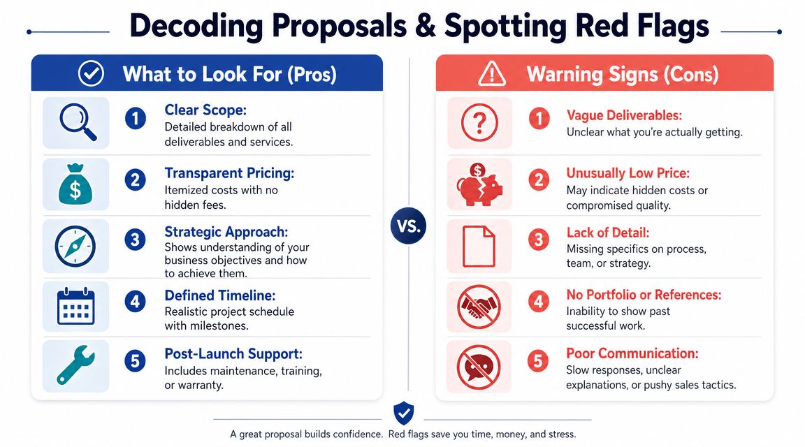 A comparison chart showing pros of a strong proposal versus red flags to avoid in business.
