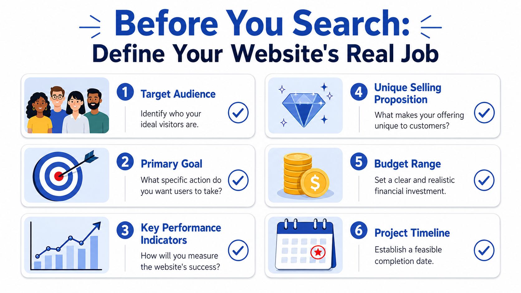 A checklist infographic detailing six essential steps to prepare before hiring a professional website design agency.
