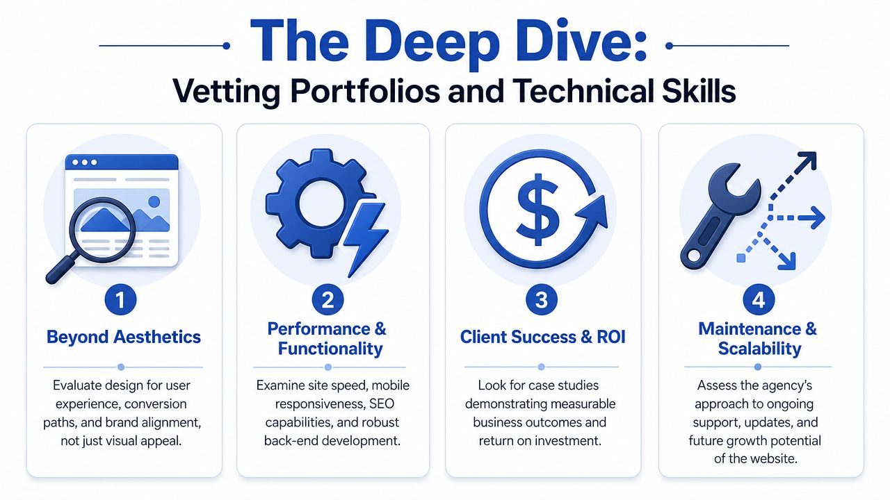 An infographic titled The Deep Dive outlines four essential steps for vetting professional web design agencies.