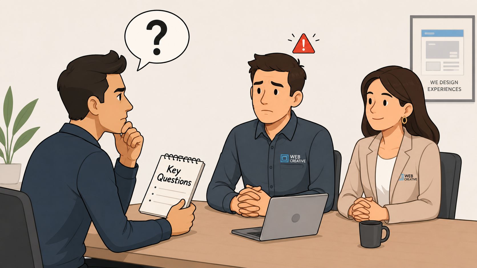 A professional team at a web design agency discussing project requirements during a business meeting.