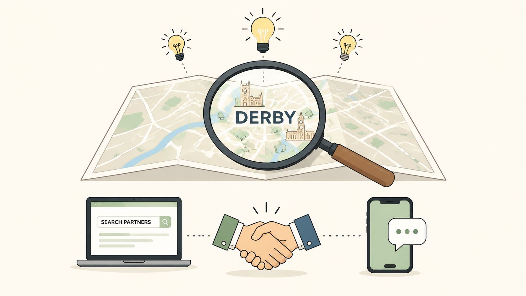 A conceptual illustration showing a magnifying glass over a map of Derby, connected to digital networking.