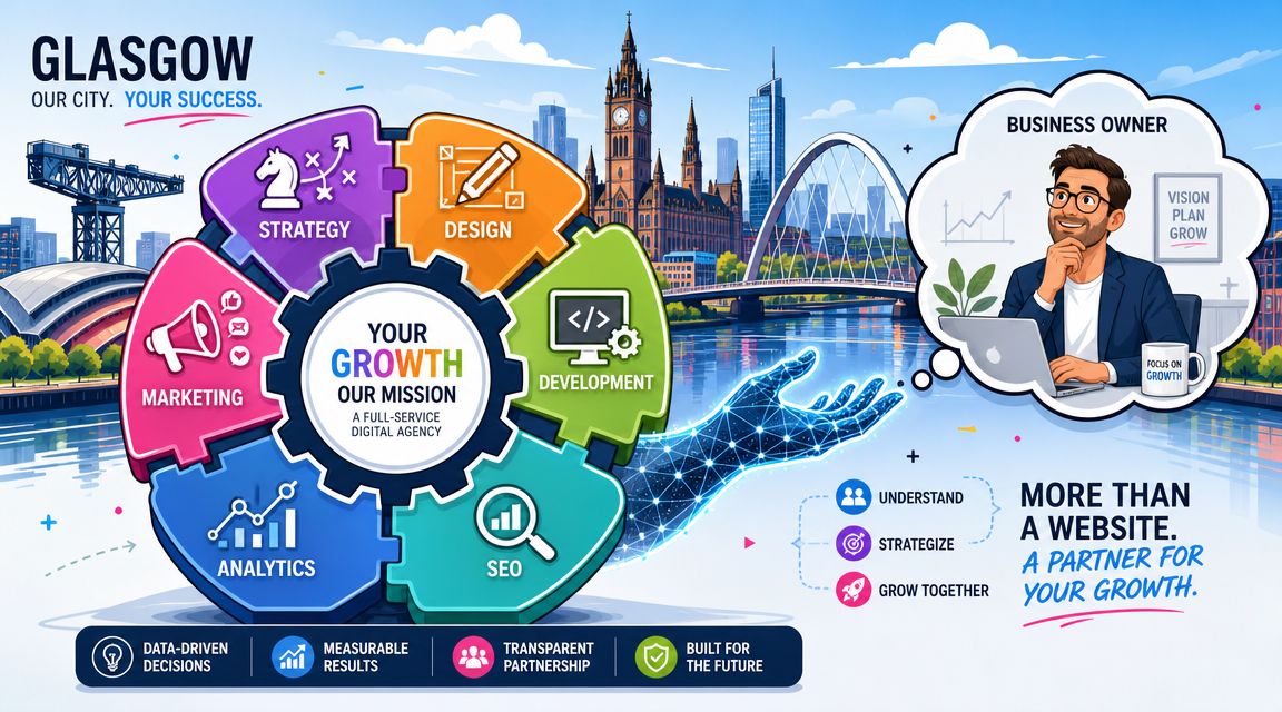 A digital agency graphic showing services like strategy, design, and marketing aimed at business owners in Glasgow.