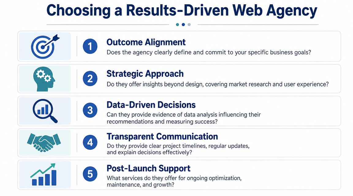 An infographic titled Choosing a Results-Driven Web Agency outlining five key factors for selecting a professional partner.