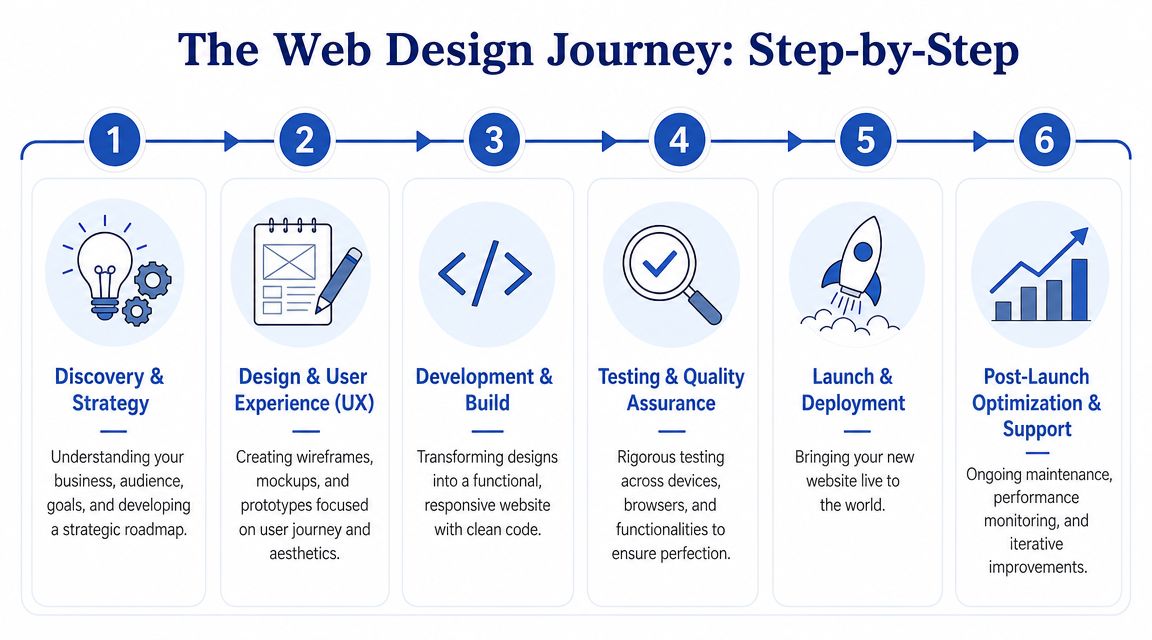 A six-step infographic illustrating the professional web design process from discovery to post-launch maintenance.