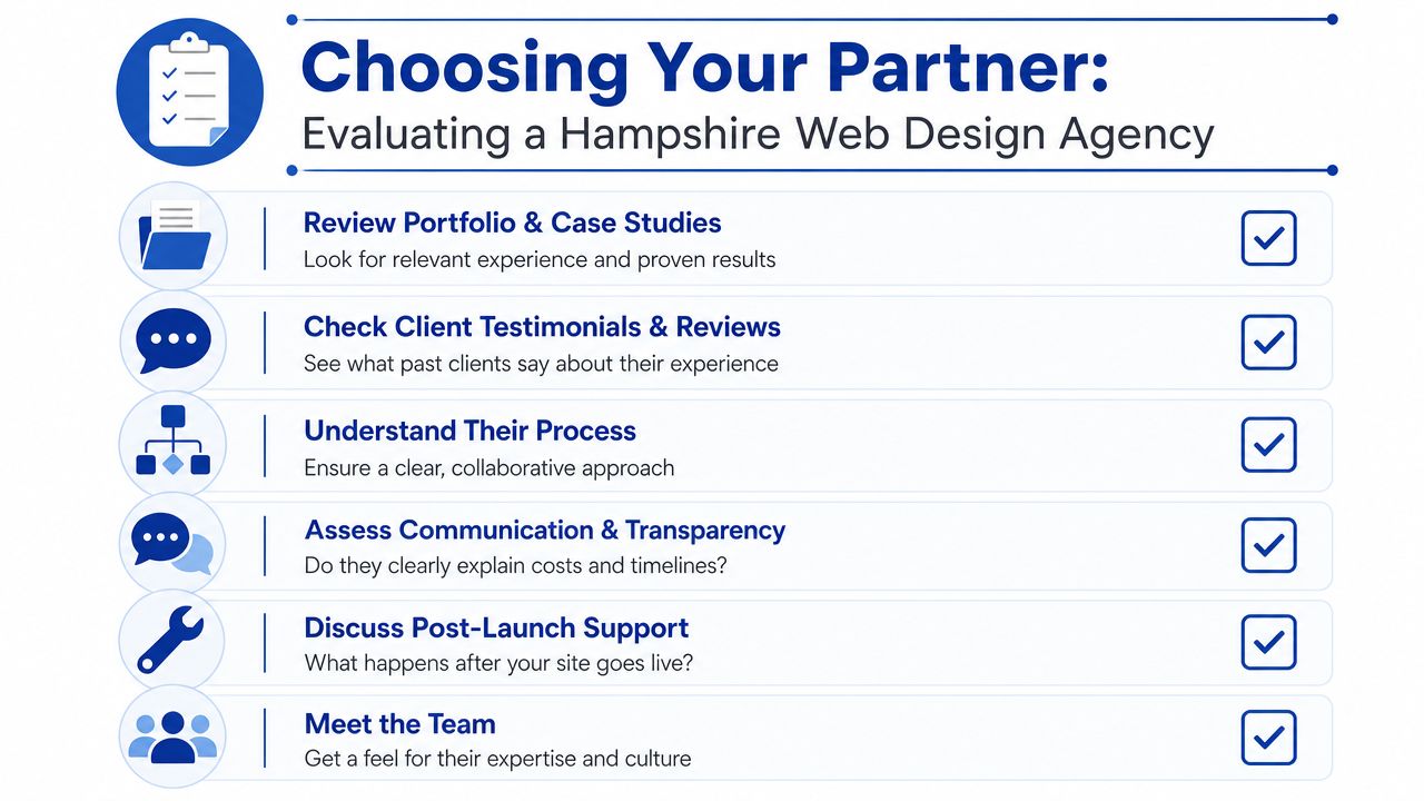 A checklist graphic titled Choosing Your Partner for evaluating a professional web design agency in Hampshire.