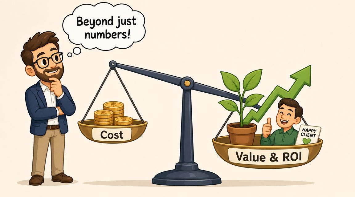 A professional businessman weighing cost versus value and ROI on a scale, symbolizing business growth concepts.