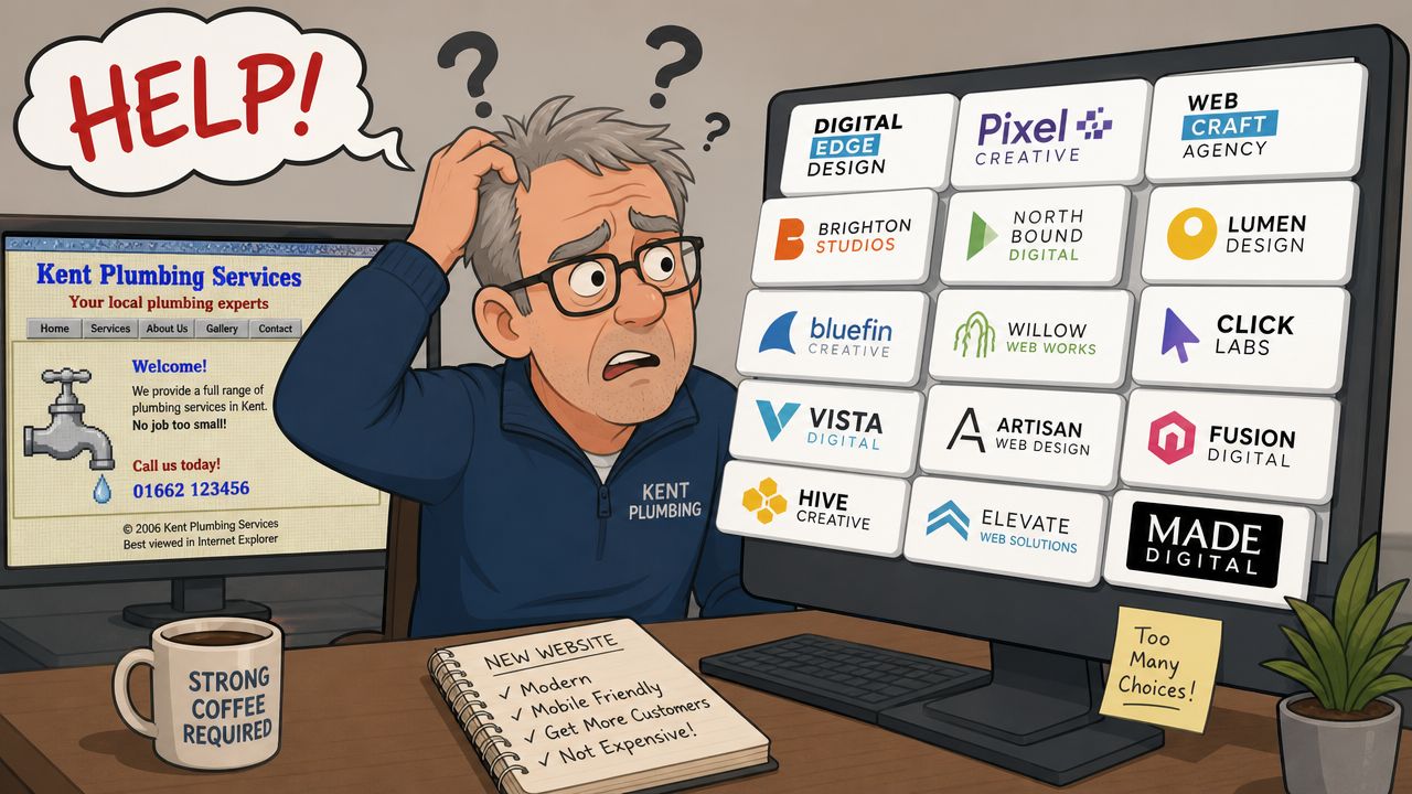 A confused plumber looking at many web design agency options to update his old website.