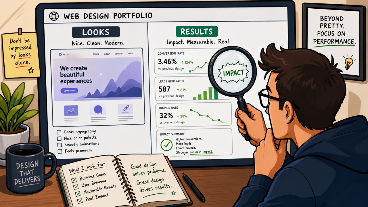 A web designer evaluating a portfolio that highlights both aesthetic visuals and measurable business performance results.