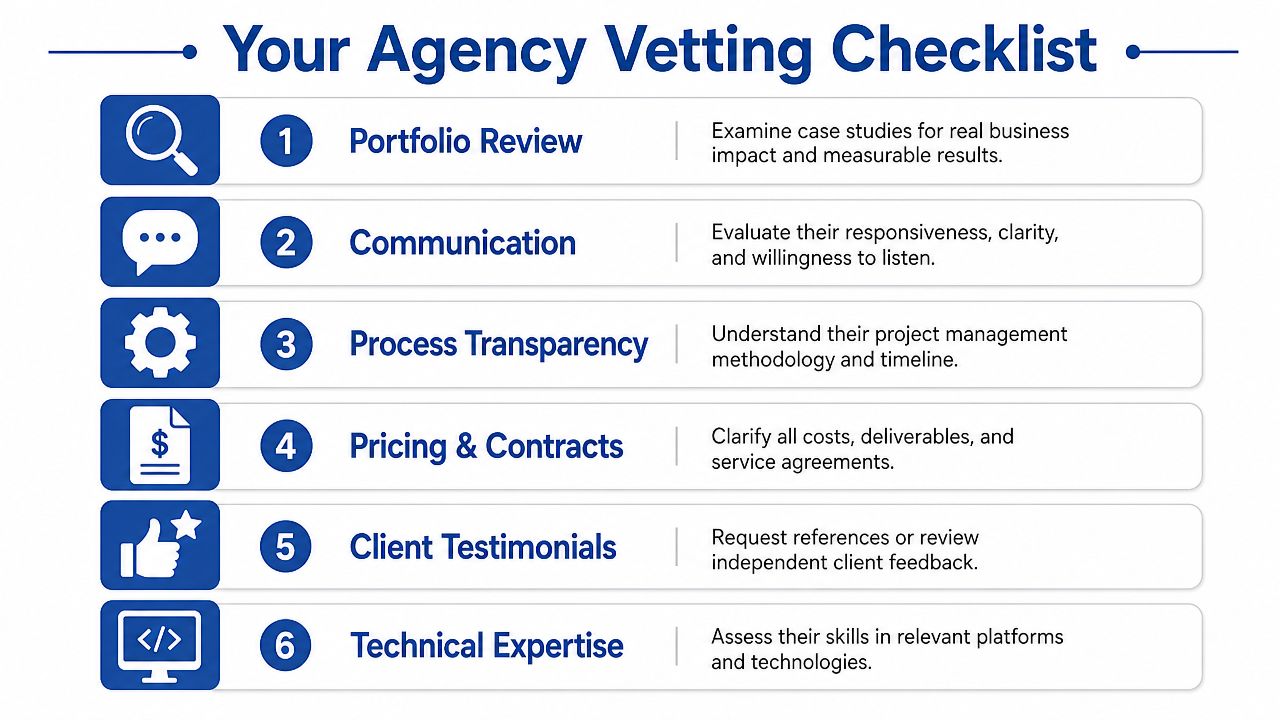 A checklist infographic titled Your Agency Vetting Checklist showing six key steps for evaluating digital agencies.