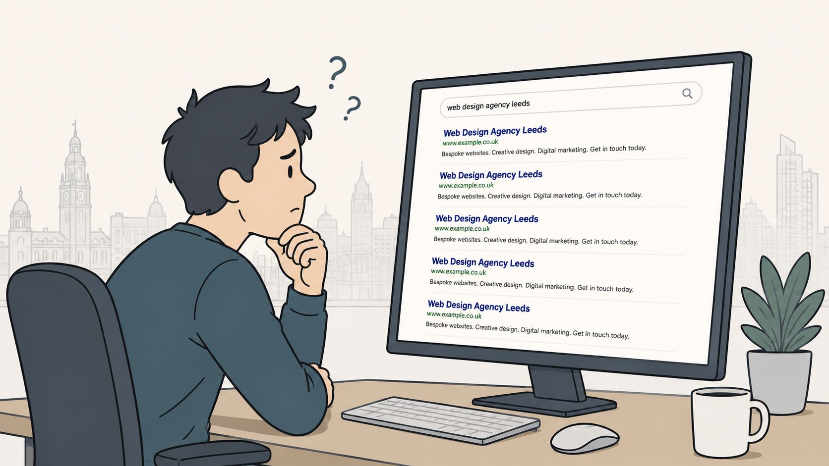A confused person sitting at a desk looking at a computer screen showing web design search results.