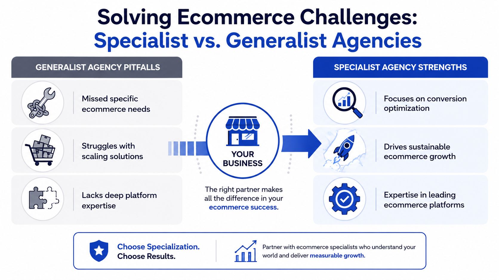 A comparison infographic showing the benefits of hiring a specialized ecommerce agency over a generalist agency.
