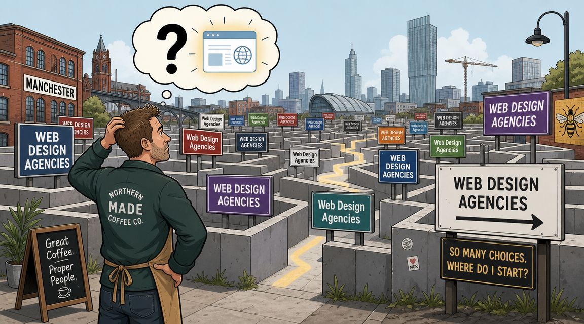 A man looking confused in a maze filled with various signs for web design agencies in Manchester.