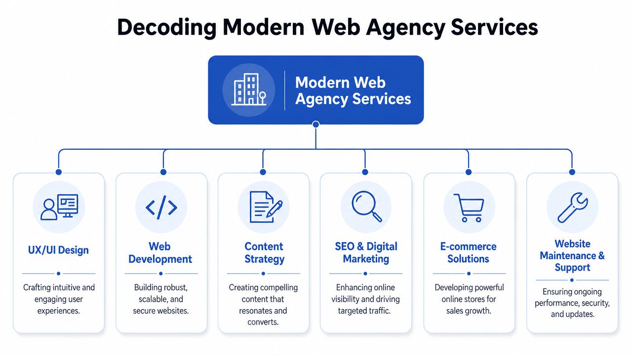 A diagram illustrating the six core services provided by a modern professional web design and development agency.