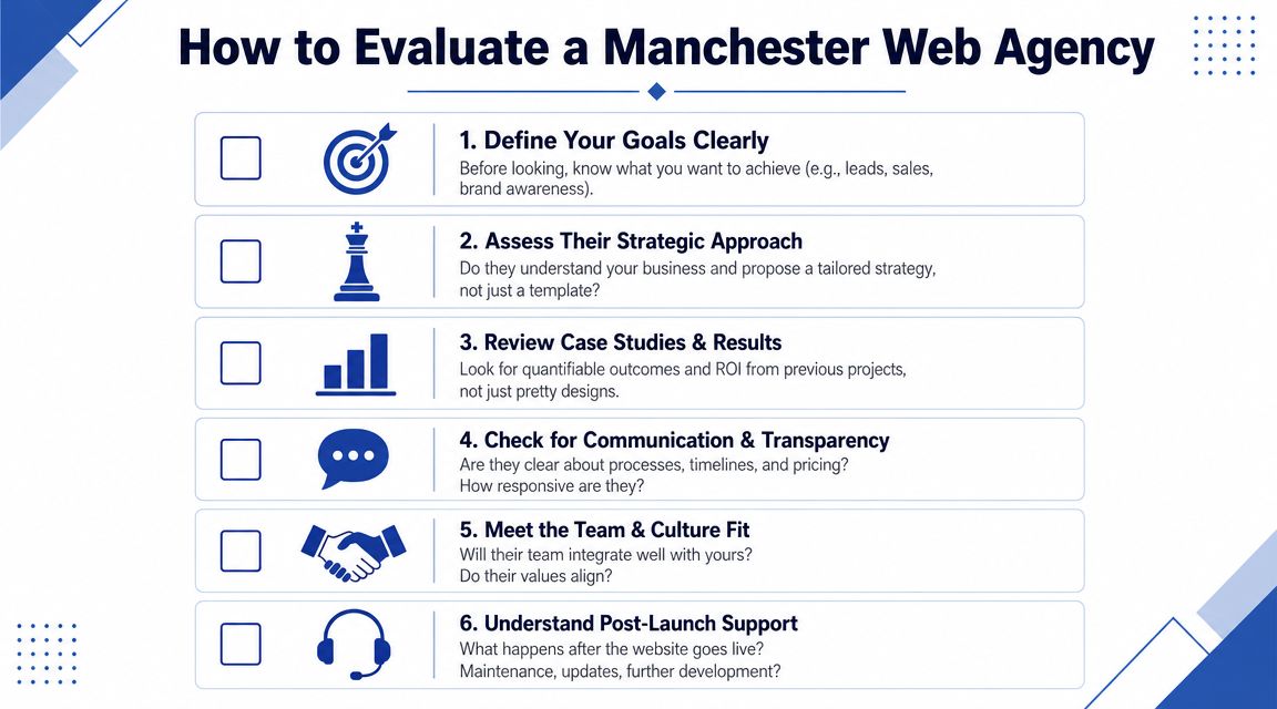 A guide infographic titled How to Evaluate a Manchester Web Agency featuring six key business selection steps.