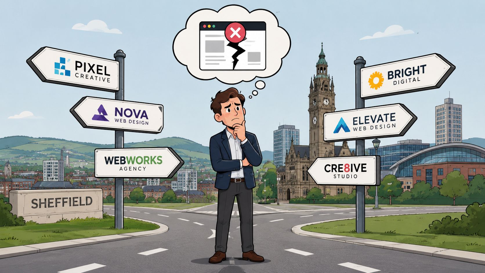 A man in Sheffield stands at a crossroads, choosing between several local web design agency options.