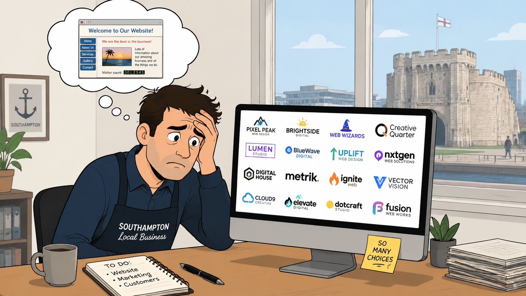 A stressed business owner looking at multiple web design agency options for their local Southampton company.