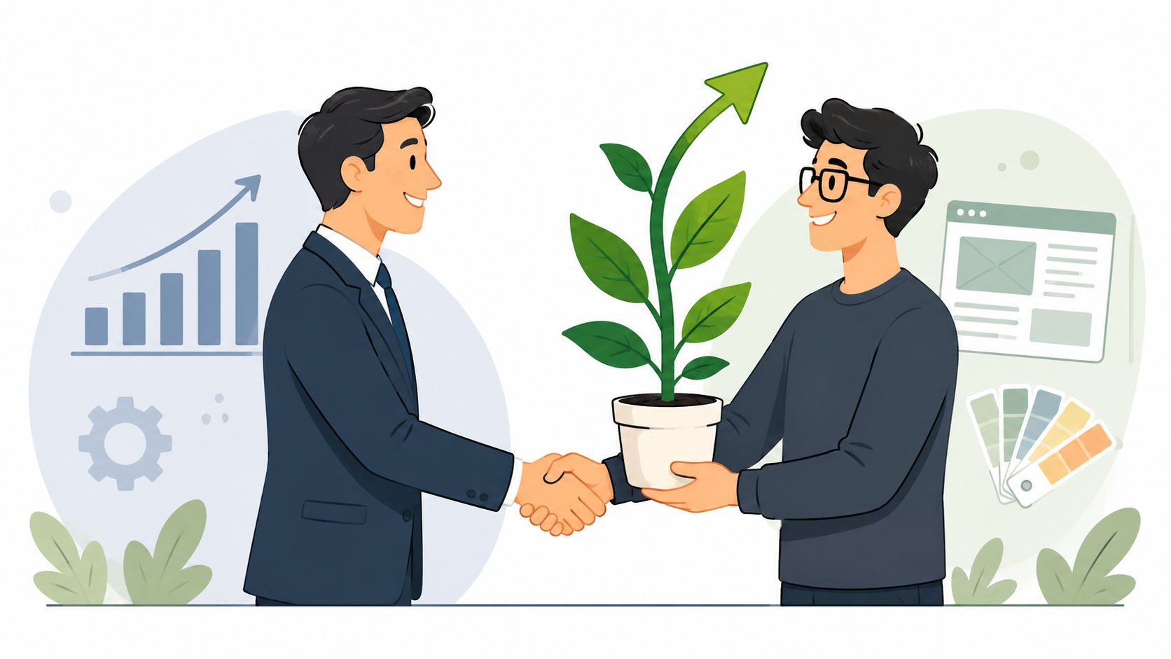A professional business person shaking hands with a web designer holding a potted plant growth concept.