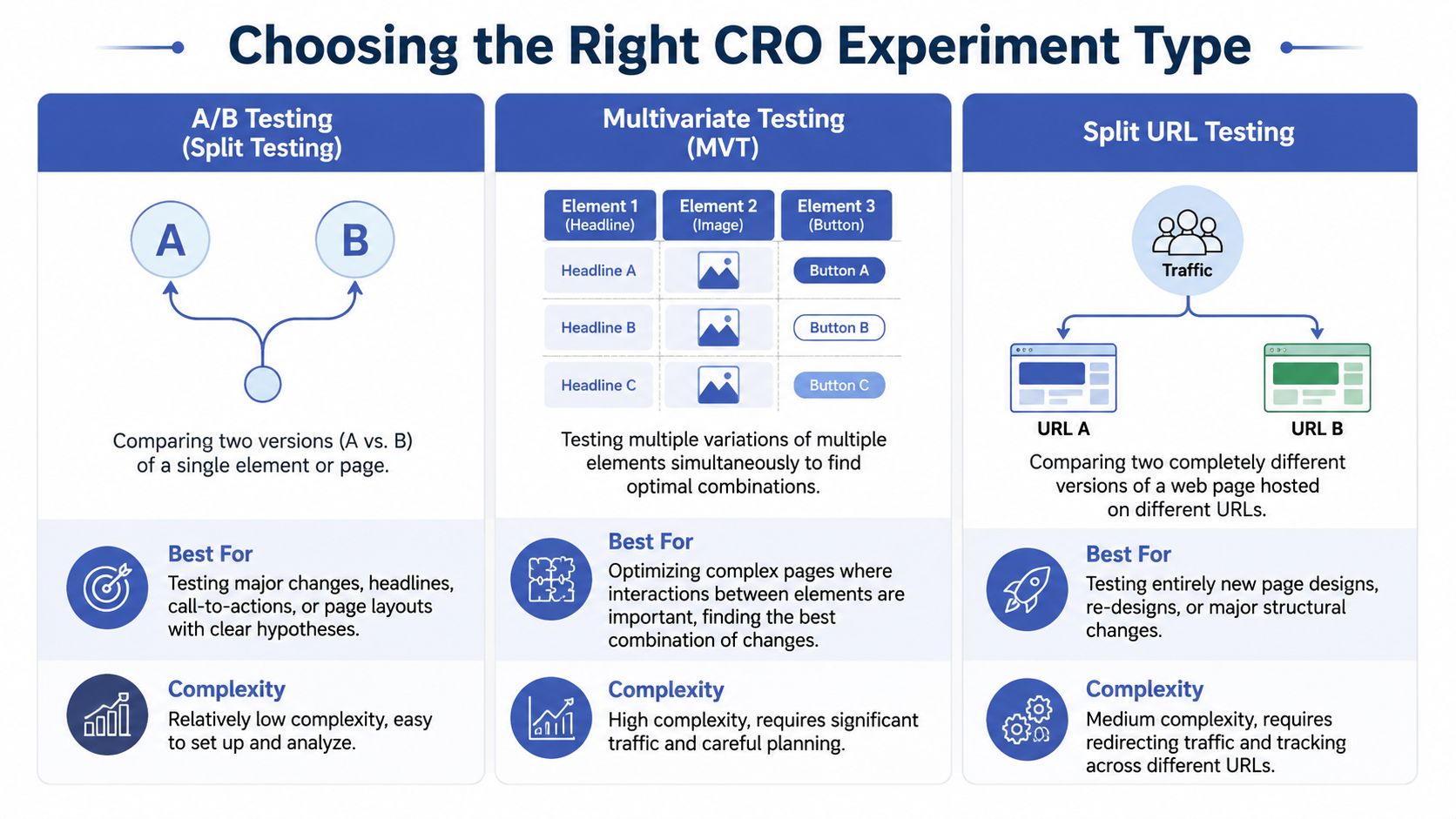 An infographic illustrating the differences between A/B testing, multivariate testing, and split URL testing for conversion optimization.