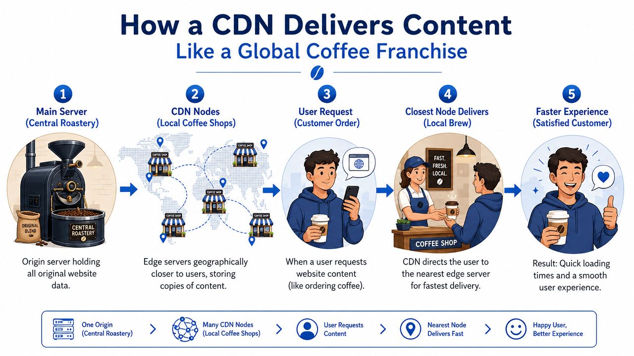An infographic explaining how a Content Delivery Network works using a coffee franchise analogy.