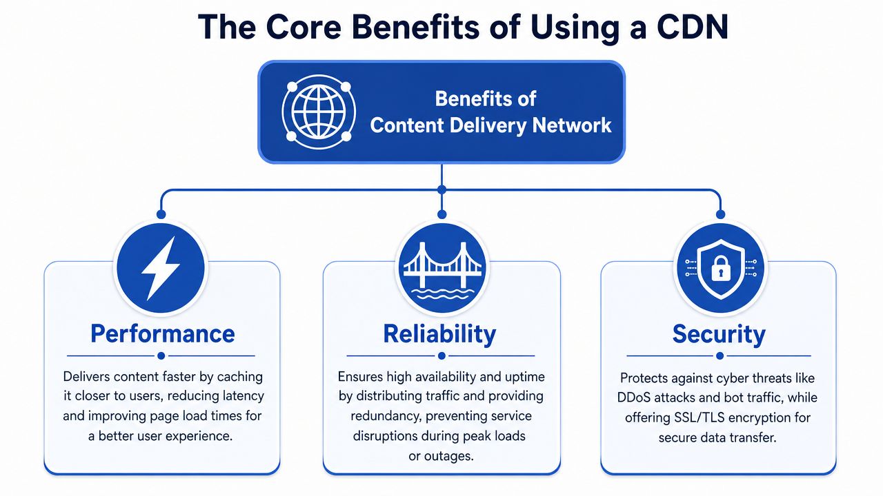 An infographic illustrating the three core benefits of using a Content Delivery Network: performance, reliability, and security.